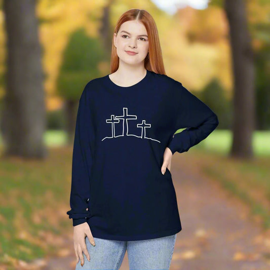 Three Crosses (White Stencil) Long Sleeve Cotton Tee